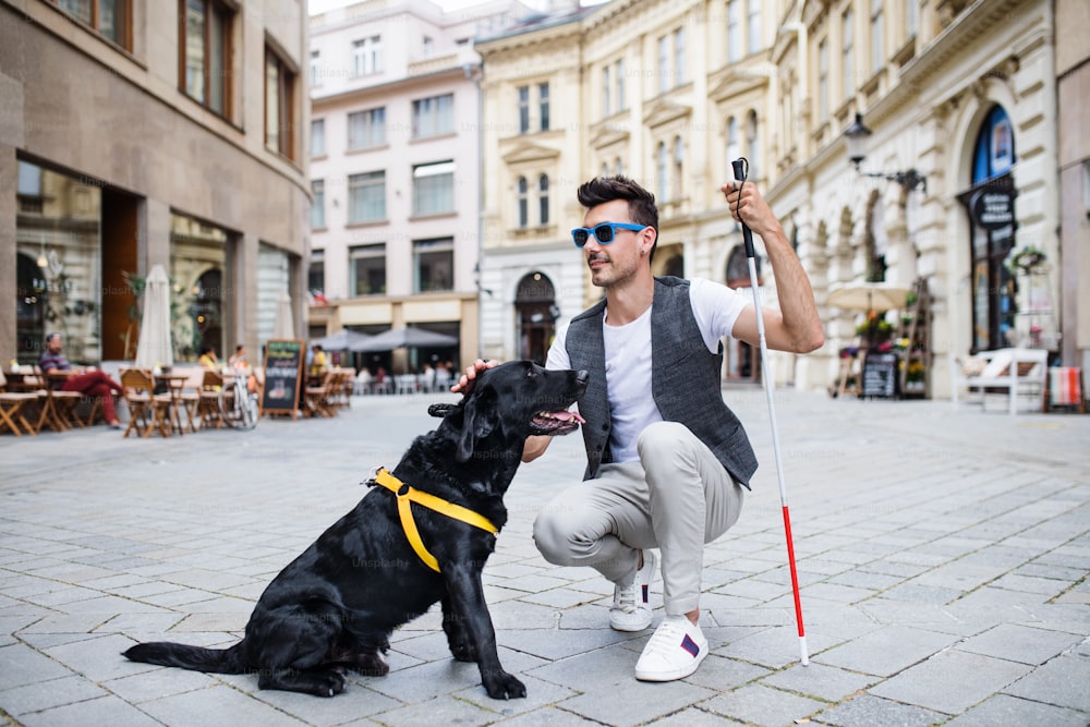 Un joven ciego con bastón blanco y perro guía en la zona de pedestal de la ciudad.
