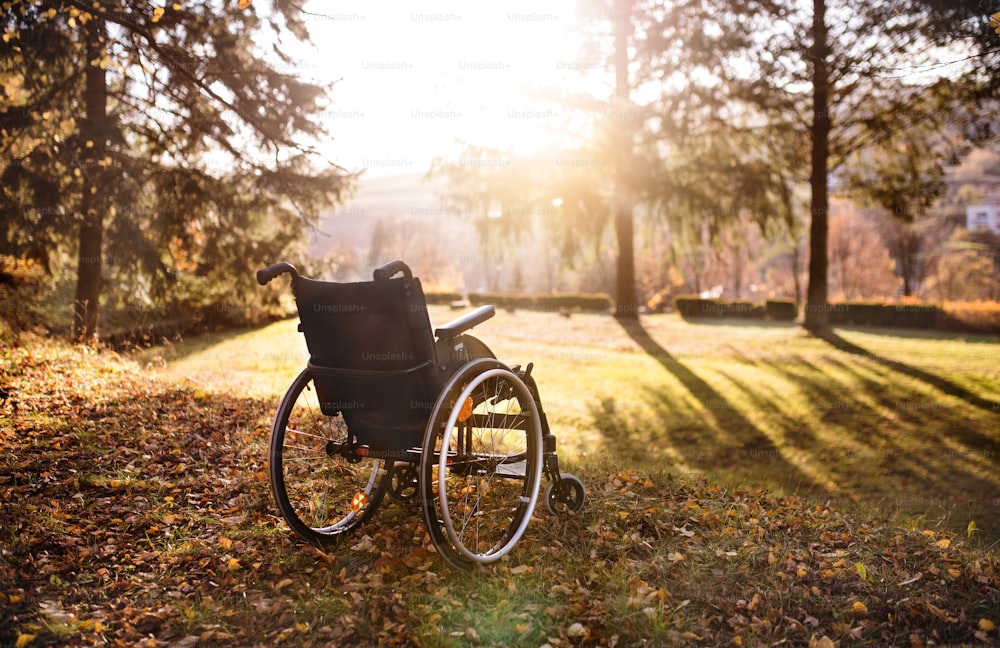 Un fauteuil roulant vide sur une pelouse dans un parc au coucher du soleil.