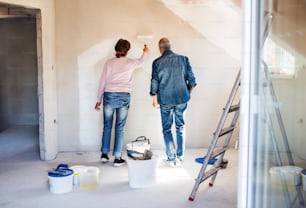 A rear view of senior couple painting walls in new home, relocation concept.