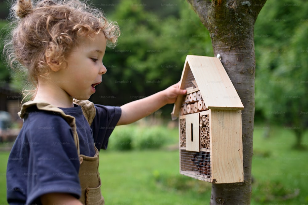 Happy small girl playing with bug and insect hotel in garden, sustainable lifestyle.