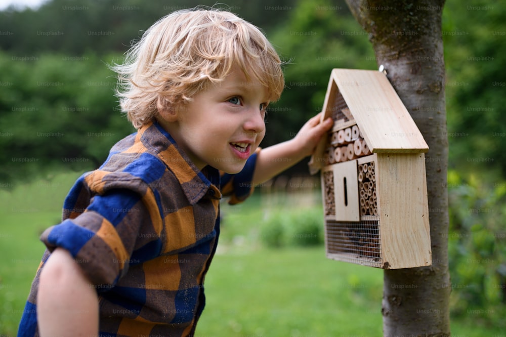 정원에서 벌레와 곤충 호텔을 가지고 노는 작은 소년의 측면 보기, 지속 가능한 라이프스타일.