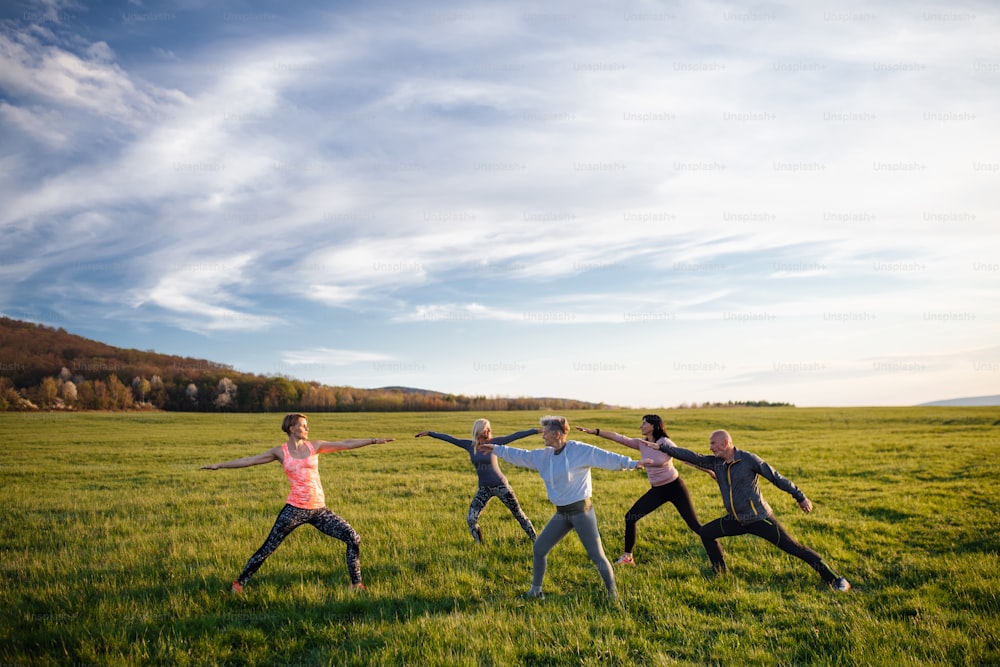 Um grupo de idosos com instrutor de esportes fazendo exercícios ao ar livre na natureza, estilo de vida ativo.