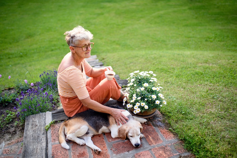 Side view portrait of senior woman with pet dog sitting outdoors in garden, relaxing with coffee.
