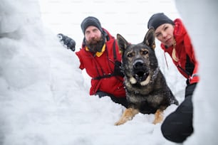 Service de sauvetage en montagne avec chien en opération à l’extérieur en hiver dans la forêt, à la recherche d’une personne ensevelie dans la neige.