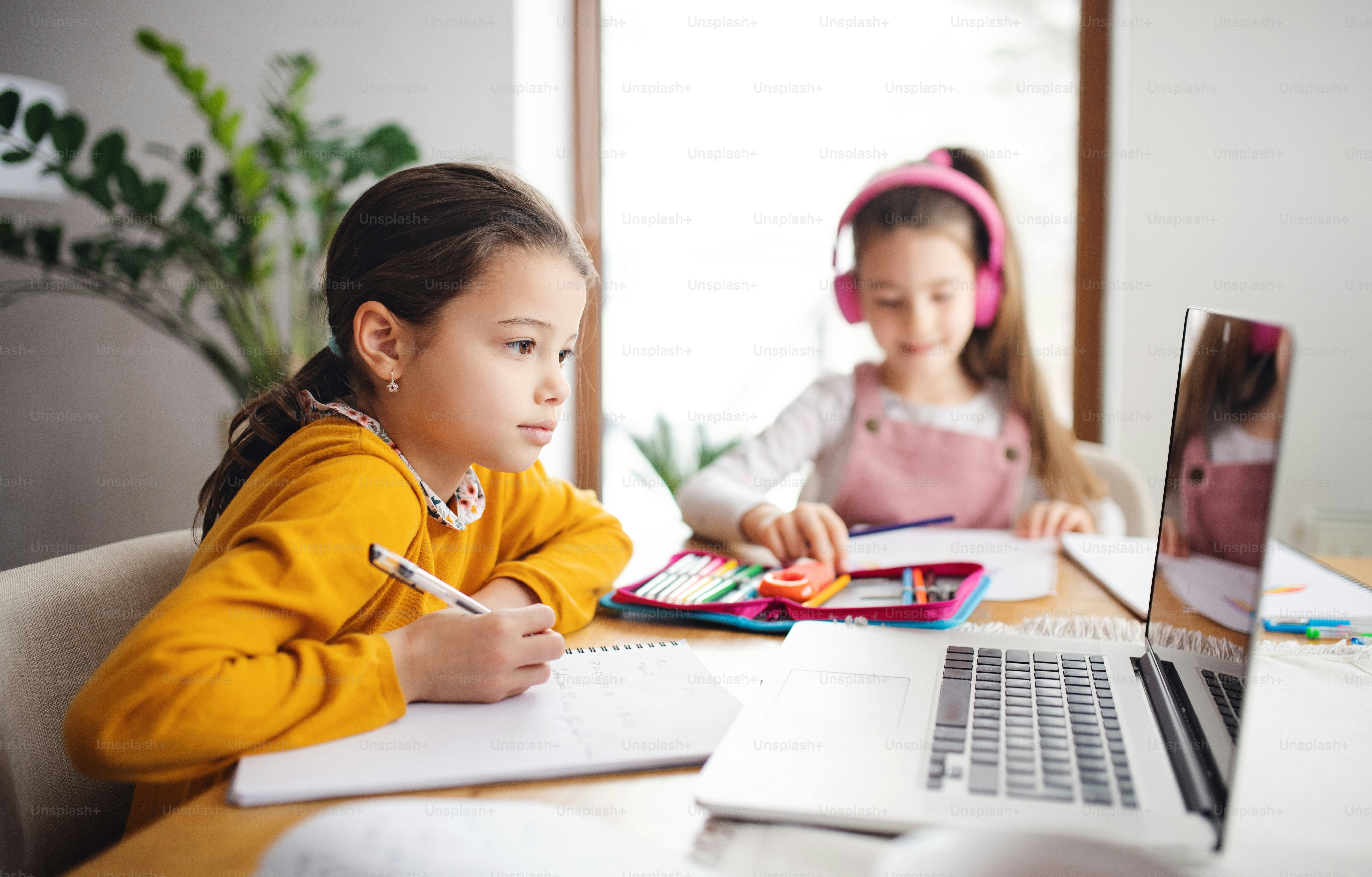 Two happy school girls sisters with laptop indoors at home, distance learning.