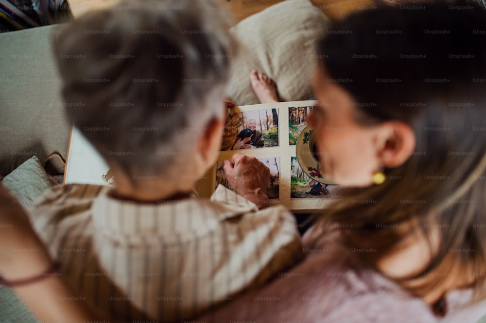 A top view of senior mother with adult daughter indoors at home, looking at family photographs.