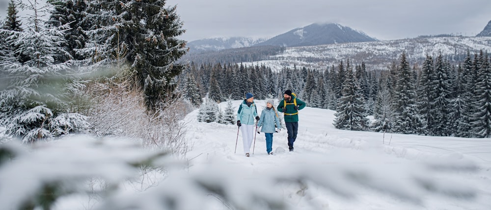겨울 자연, 슬로바키아의 타트라 산맥에서 야외에서 산책하는 작은 딸과 가족.