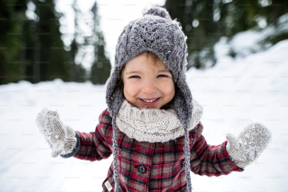 Front view portrait of cheerful small toddler girl standing in winter nature, looking at camera.