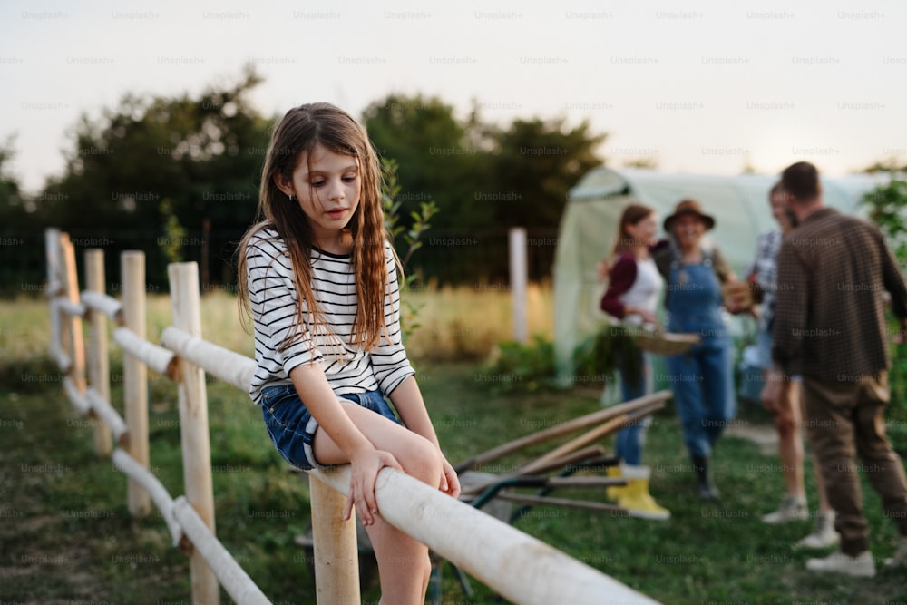 A little girl sitting on fence outdoors with her family at background at community farm.