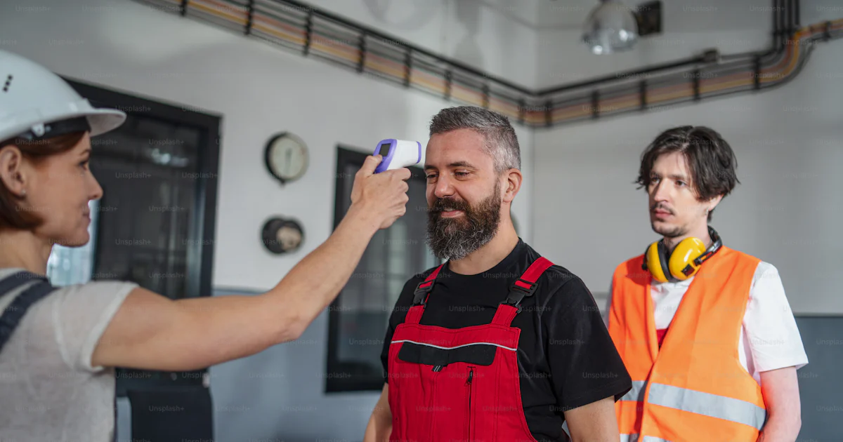 A group of workers indoors in factory, temperature measuring and back ...