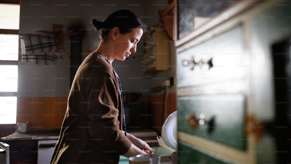 Portrait of poor mature woman washing dishes indoors at home, poverty concept.