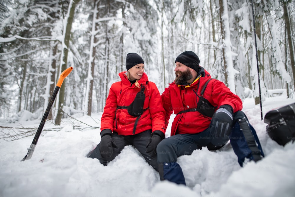 Service de secours en montagne en opération à l’extérieur en hiver dans la forêt, creusant la neige avec des pelles. Concept d’avalanche.