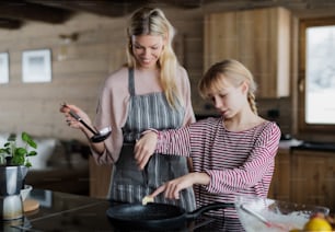 Happy mother with small daughter cooking indoors, winter holiday in private apartment.