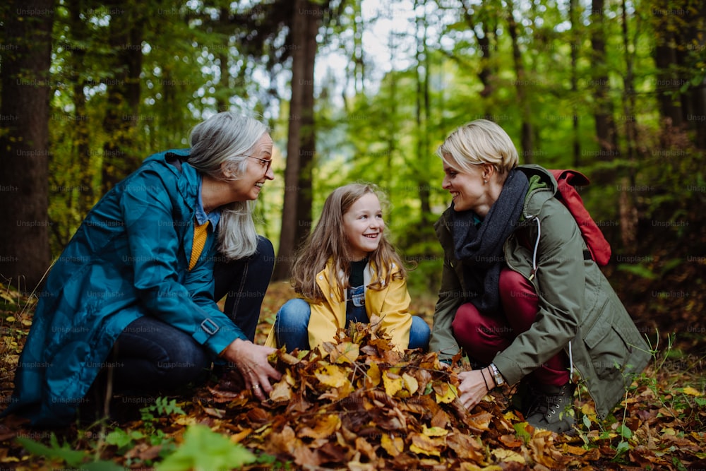 Ein glückliches kleines Mädchen mit Mutter und Großmutter, das sich beim Herbstspaziergang im Wald mit Blättern amüsiert