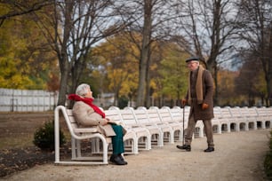 秋の日、公園で屋外で会う幸せな老夫婦。