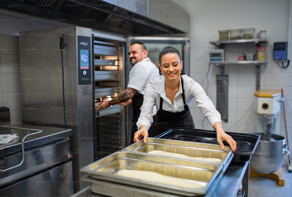 A chef and cook working on their dishes indoors in restaurant kitchen.