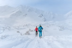 Vue de face d’un couple de skieurs de randonnée en randonnée dans une montagne des Basses Tatras en Slovaquie.