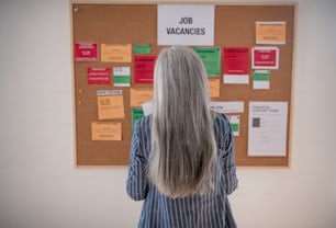 A job center employee standing in front of employment noticeboard. Rear view.