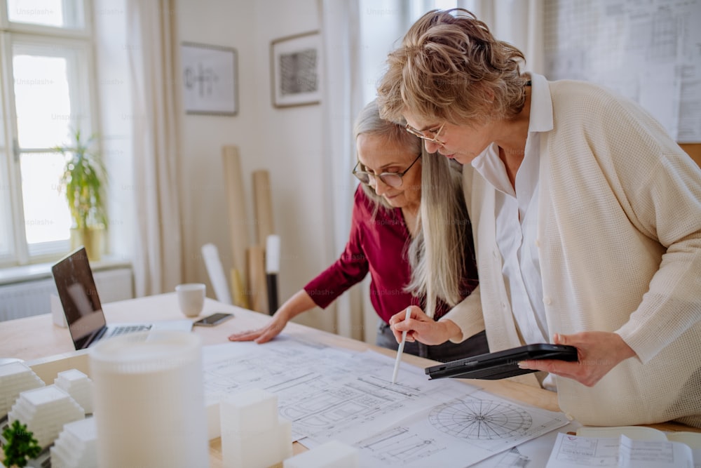 Des femmes d’âge mûr éco-architectes avec un modèle de bâtiments modernes et des plans travaillant ensemble dans un bureau.