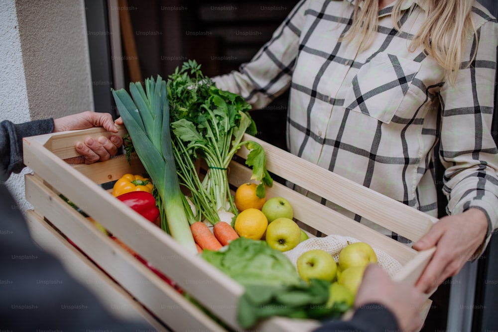 Ein Mann hält eine Kiste mit Gemüse und Obst und liefert sie der Frau, die vor der Tür steht.