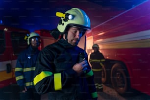 Des pompiers, hommes et femmes, regardant la caméra avec un camion de pompiers en arrière-plan la nuit.