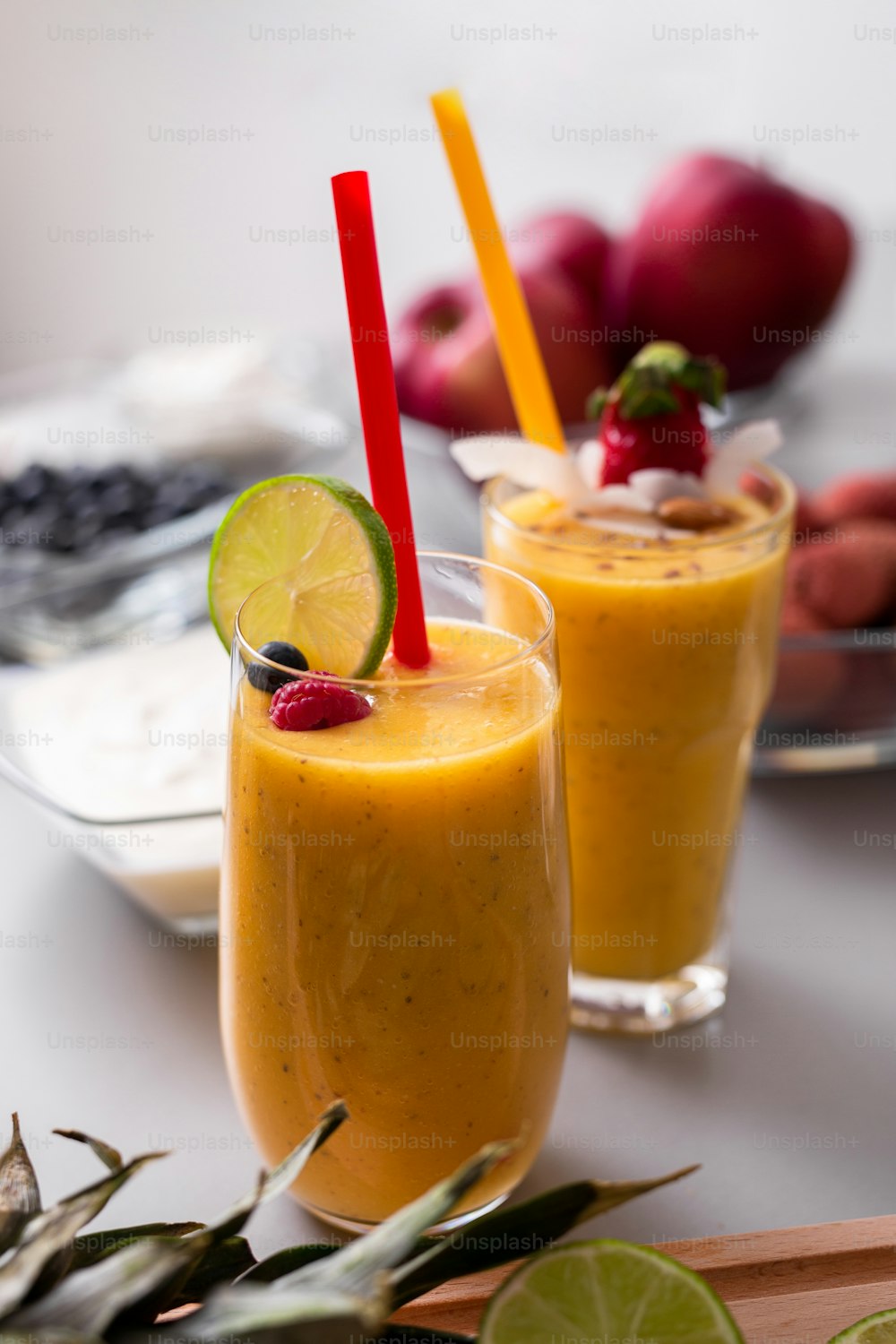 A fresh homemade fruit smoothie, healthy juicy vitamin drink diet or vegan food concept