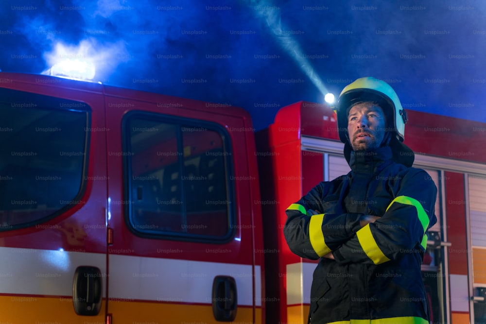 Eine niedrige Winkelansicht von m Feuerwehrmann, der nachts mit Walkie-Talkie mit Feuerwehrauto im Hintergrund spricht.