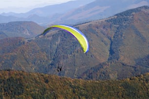 Parapendii che volano in un cielo blu con la montagna sullo sfondo.