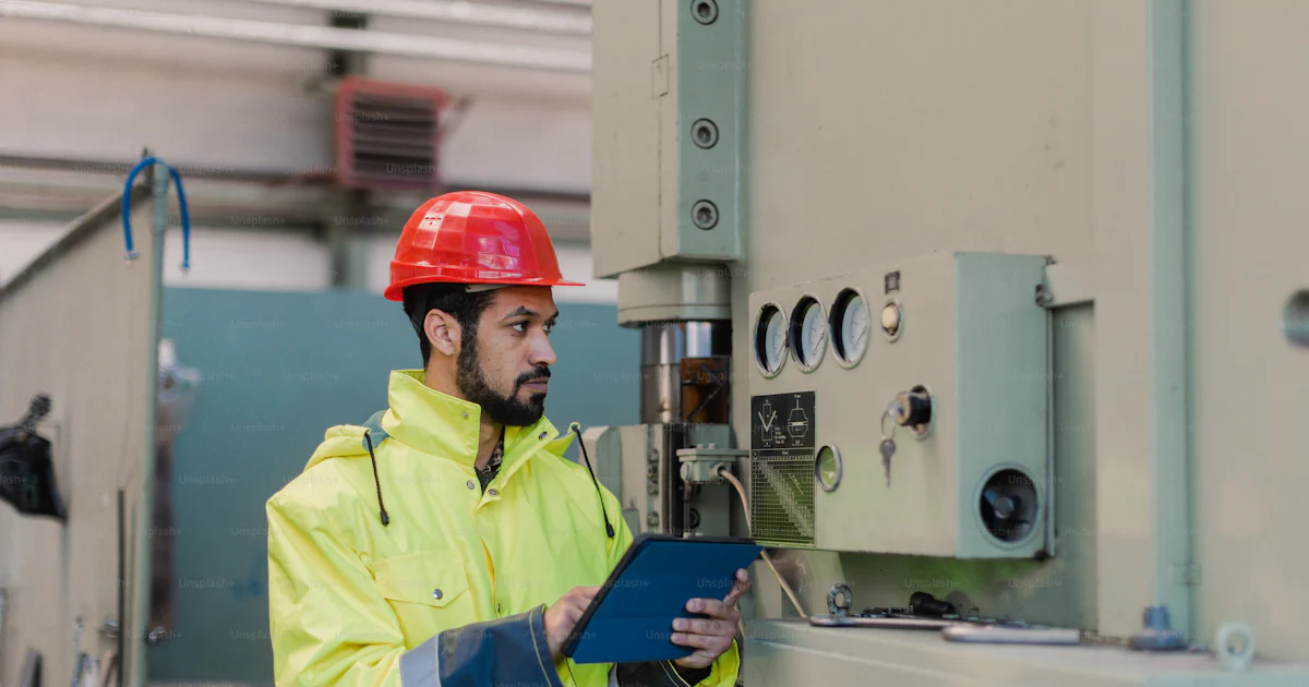 Maintenance or engineering professional working with industrial equipment and controls in an active manufacturing plant