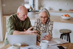 A stressed and sad senior couple calculate expenses or planning budget together at home.