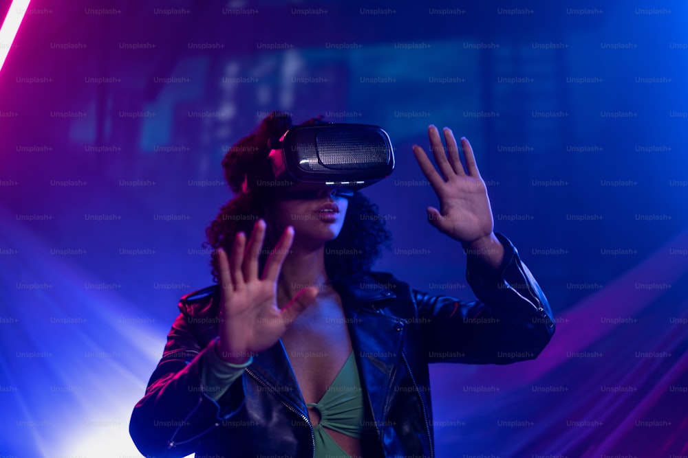 Metaverse digital cyber world technology, a woman with virtual reality VR goggles playing augmented reality game, futuristic lifestyle