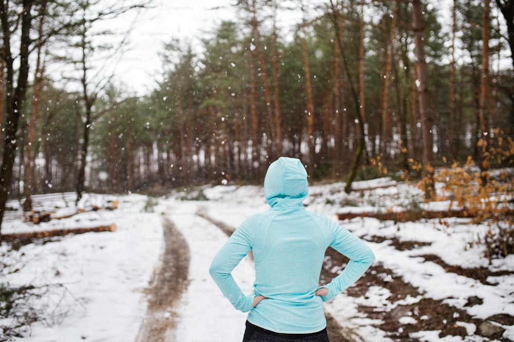 Senior woman jogging outside in winter nature, resting. Rear view.