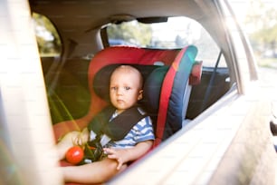 Cute little baby boy sitting in the car seat in the car, looking out.
