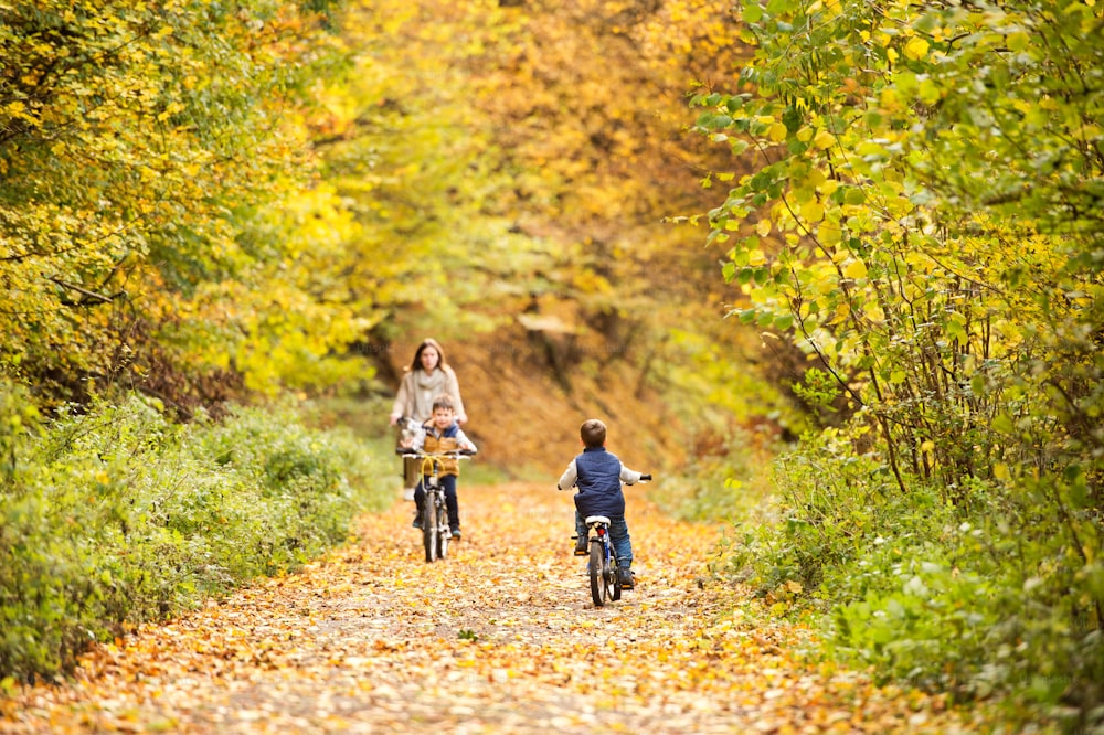 Hermosa madre joven con dos hijos en ropa de abrigo que andan en bicicleta afuera en la naturaleza otoñal