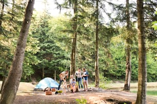 Bella famiglia che si gode la vacanza in campeggio nella foresta.