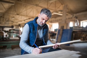 A mature man worker in the carpentry workshop, working with wood.