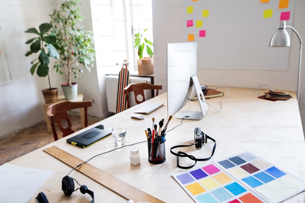 The interior of an empty modern office or a studio after work.