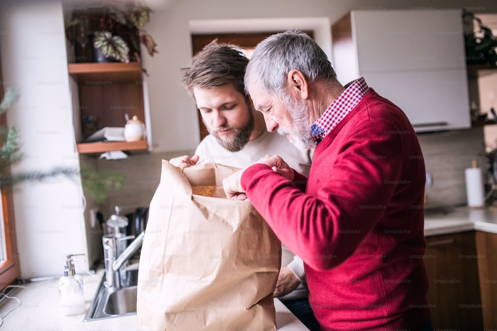 Hipster son with his senior father in the kitchen. Two generations indoors.