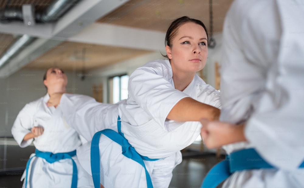 A group of young women practising karate indoors in gym.