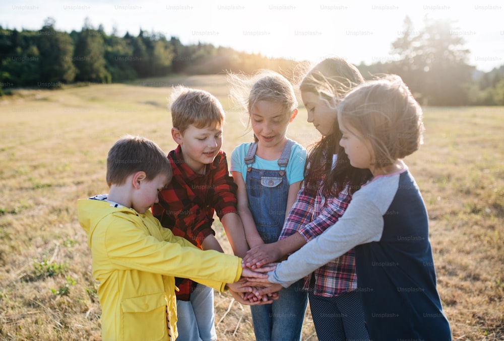 Porträt einer Gruppe von Schulkindern, die auf Exkursion in der Natur stehen und die Hände zusammenlegen.