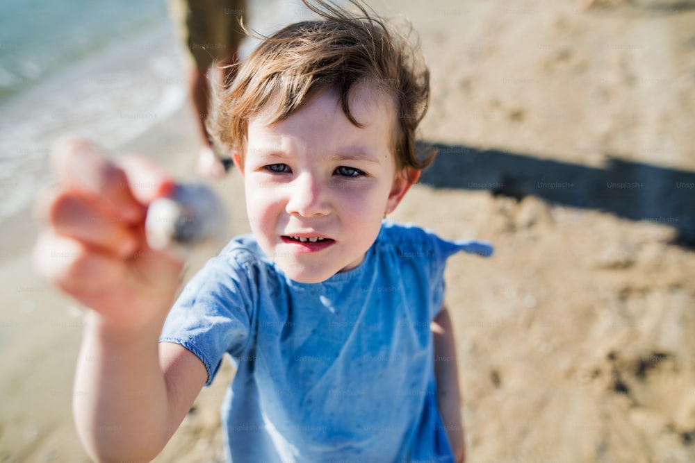 Un ritratto di bambina felice in piedi all'aperto sulla spiaggia di sabbia.