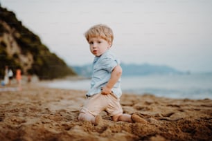 A cheerful small toddler boy on beach on summer holiday, playing in sand.