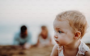 A close-up of small toddler girl on beach on summer holiday, playing. Copy space.