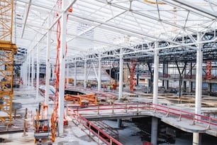 A construction site with a steel frame structures.