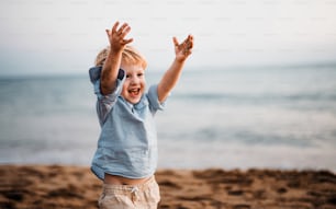 A cheerful small toddler boy standing on beach on summer holiday, having fun.