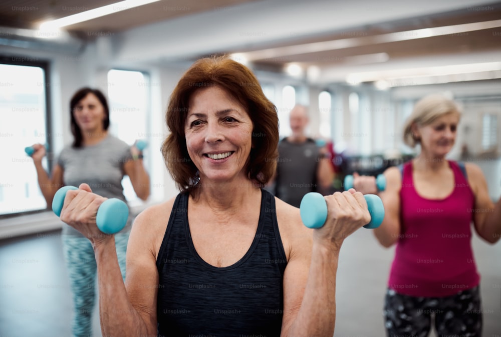 A group of cheerful seniors standing in gym doing exercise with dumbbells.