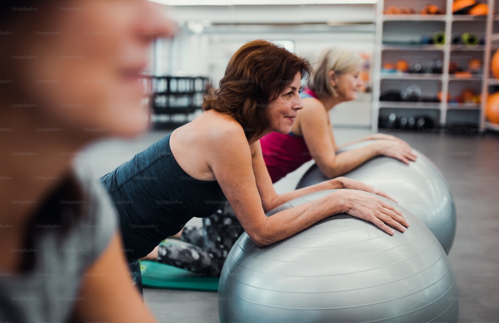 A group of cheerful female seniors in gym doing exercise on fit balls.