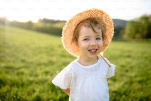 Portrait of small toddler girl standing on meadow outdoors in summer, looking at camera.