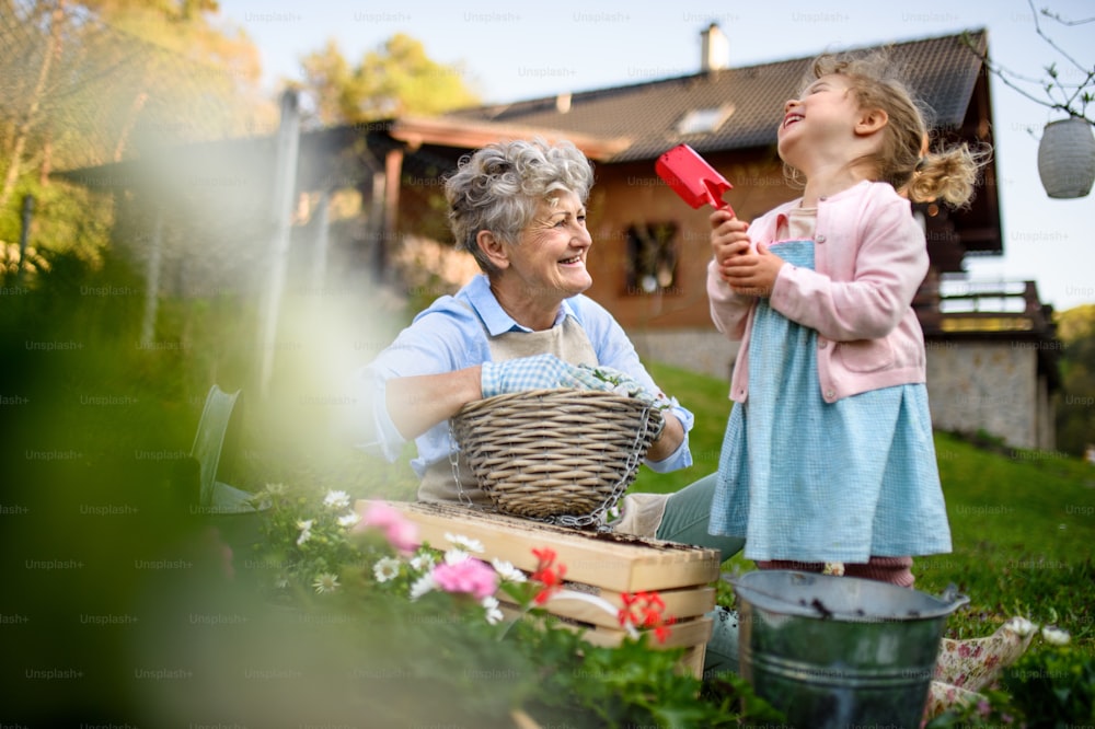 Abuela mayor feliz con nieta pequeña que trabaja en el jardín al aire libre en verano, riendo.