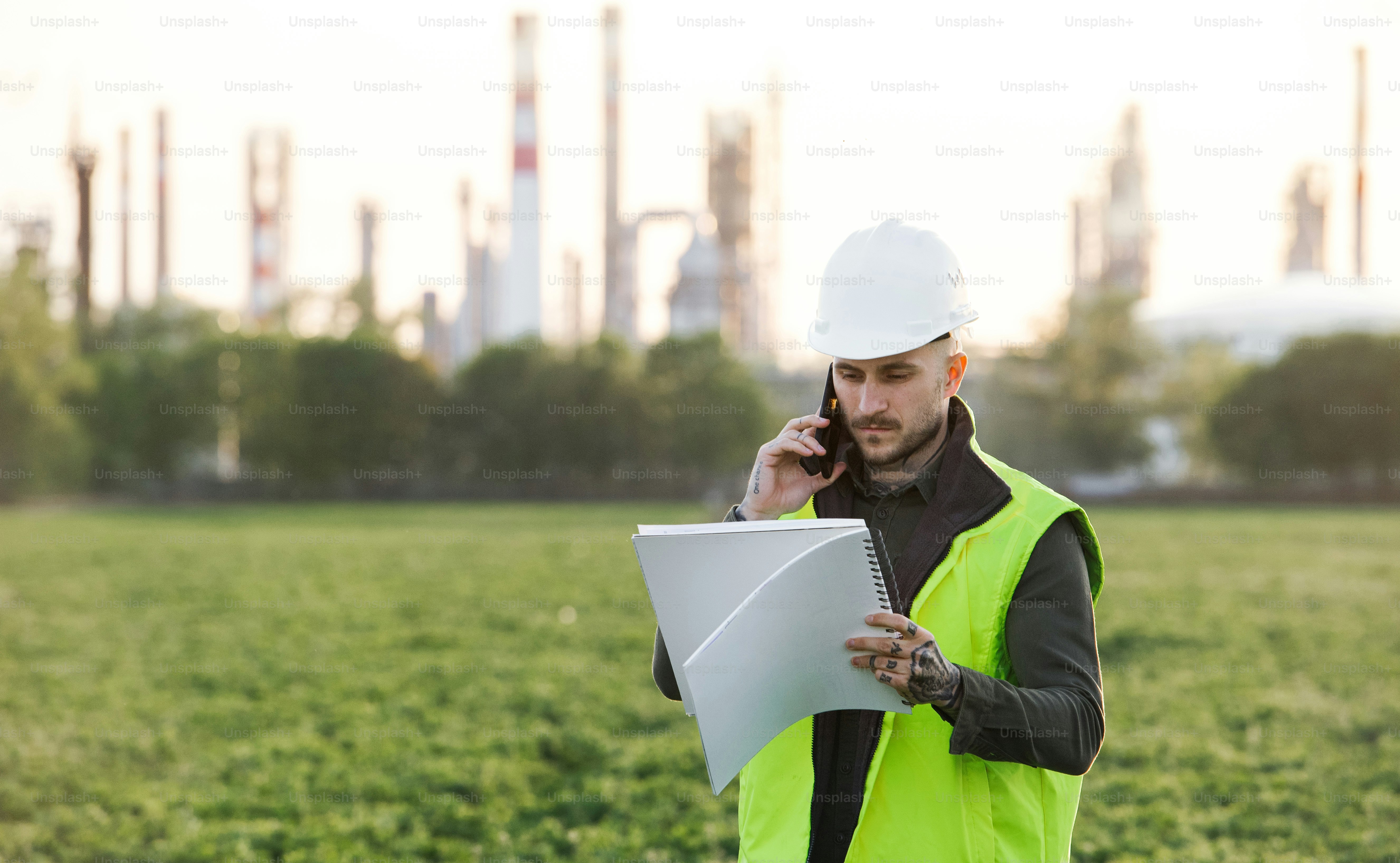 Young engineer with smartphone standing outdoors by oil refinery, making phone call. Copy space.